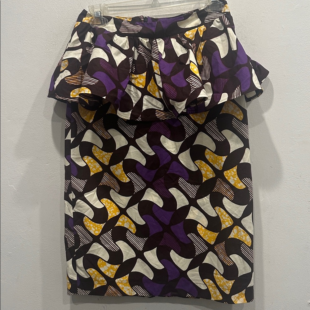Demestiks by Reuben Reuel peplum pencil skirt purple brown size 2 African print